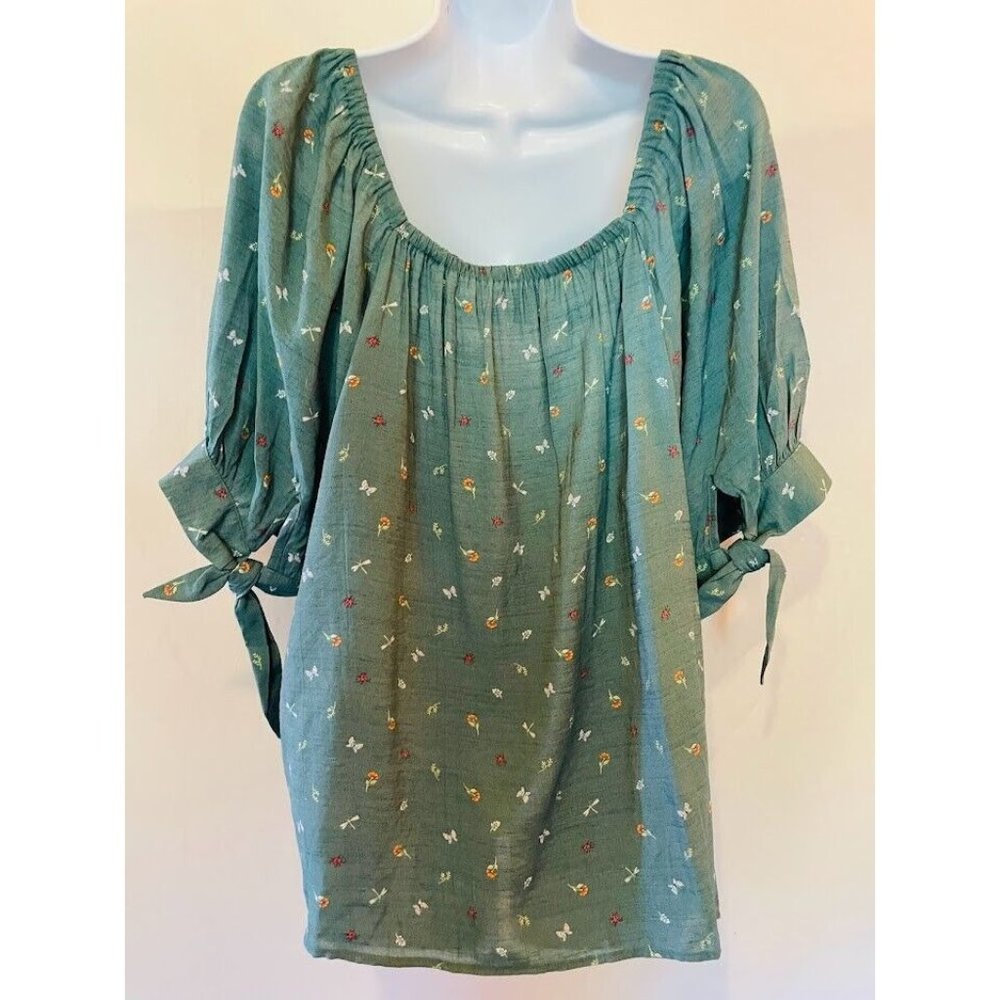 Lauren Conrad Top Shirt Peasant Women’s Size XXL Flower Butterfly Green Boho - Picture 7 of 10